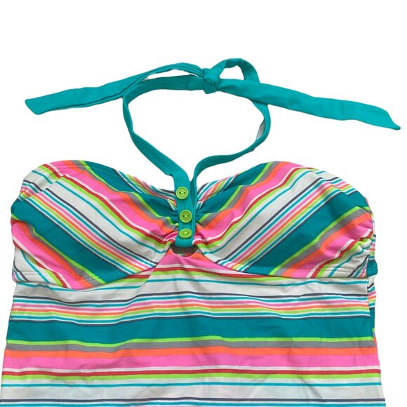 NEW SO Women's Swim Tankini Top Swimsuit Sz M Teal Pink Striped Halter - Picture 3 of 5